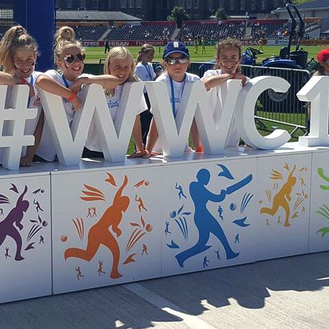 A photo of six young people posing behind our giant #WWC17 hashtag,at the ICC Women’s Cricket World Cup 2017