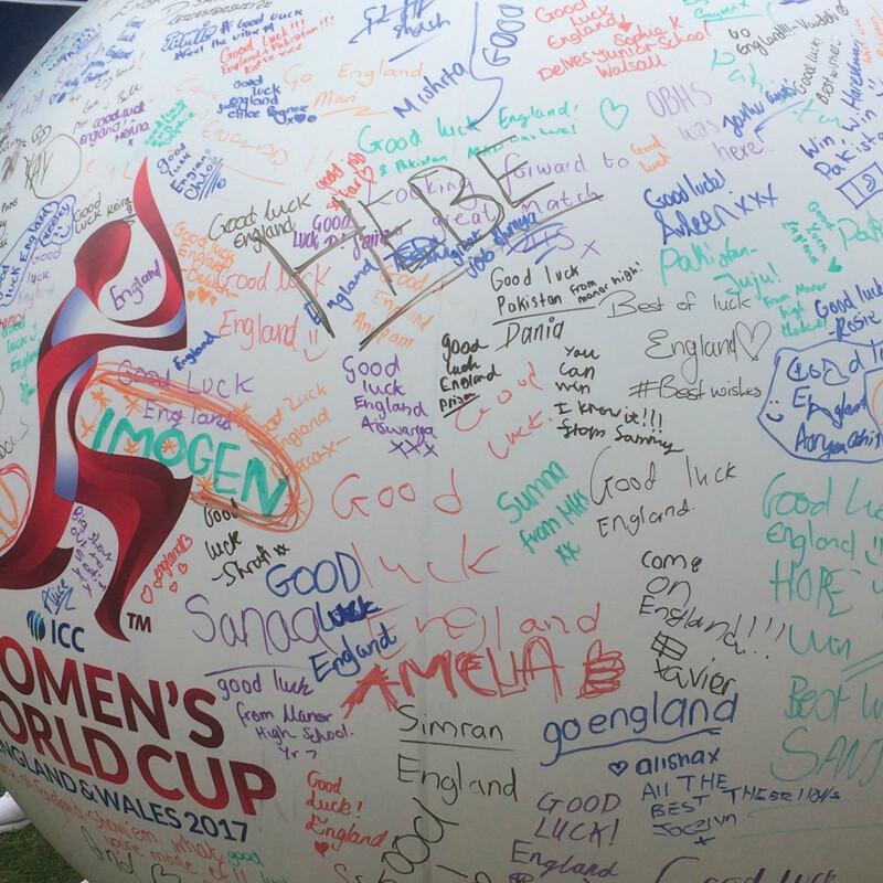 A photo of our giant graffiti cricket ball, covered in messages written by fans at the ICC Women’s Cricket World Cup 2017