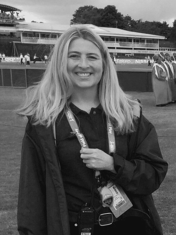 A black and white photo of Jenny Gilmour, Managing Director of Red Sky at Night Events
