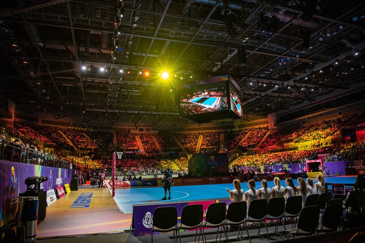 A photo showing the packed stands at the M&S Bank Arena in Liverpool, during the opening ceremony of the Vitality Netball World Cup 2019